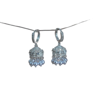 Elegant silver Jhumka earrings with zircon stones and light purple pearl tassels