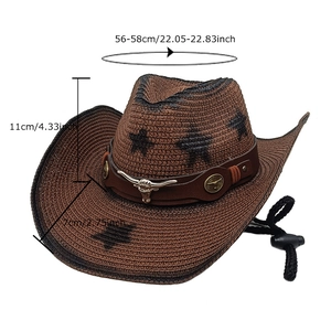 Brown western cowboy straw hat with black stars and decorative bull head leather band