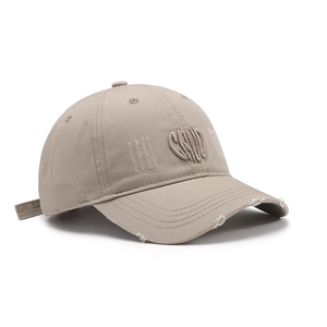 Distressed khaki cotton baseball cap with 3D embroidery and vintage ripped brim detail