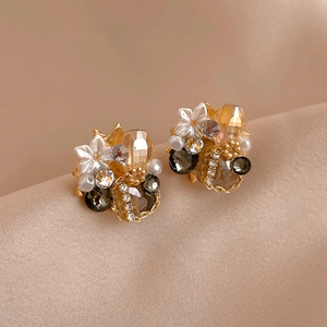 Flower Stud Earrings Copper Crystal Rhinestone Geometric Vintage Elegant For Women With 925 Sterling Silver Earring Post