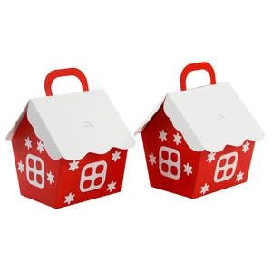 European Christmas candy box in red house shape with white snowflake patterns and handles