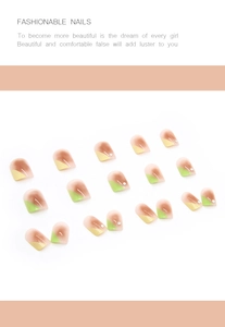 Detail of short square gradient press-on nails with geometric yellow green design and rhinestones