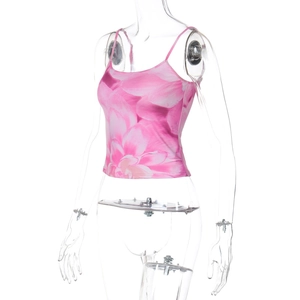 Close-up of pink floral print on slim fit cropped camisole with thin shoulder straps