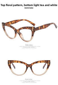 Detailed views of cat-eye leopard print glasses frames with gold rivets and anti-blue light
