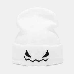White Halloween beanie with black embroidered devil face, warm winter knitted hat for adults