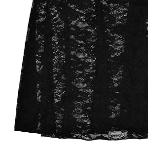 Detailed close-up of intricate black lace fabric with elegant floral hollow patterns