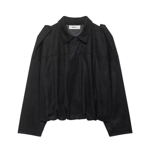 Blouson aviateur femme noir aspect suédine avec col à revers et pattes d'épaule