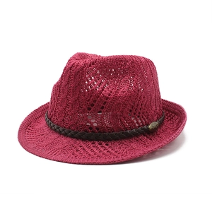 Fuchsia knitted fedora hat with vintage brown leather band and bronze buckle detail