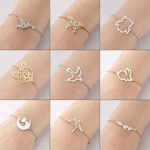 Stainless Steel Animal Bracelet For Women Hollow Hummingbird Butterfly Cat Origami Crane Geometric Jewelry Adjustable