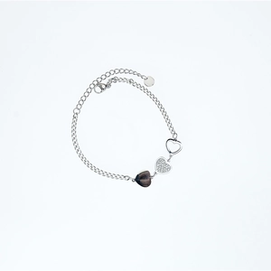 Silver stainless steel heart charm bracelet with crystal inlay and marble texture charms