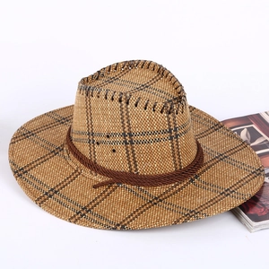 Brown and black checkered straw cowboy hat with decorative rope on white background