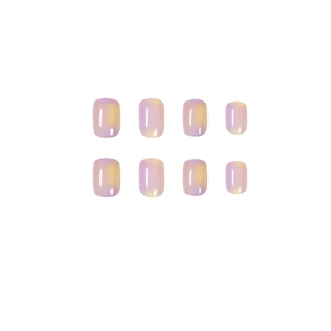 Rainbow gradient press-on nails in lavender and nude tones with short square-oval shape