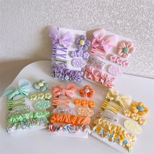Macaron color hair clip and scrunchie set for girls with chiffon bows and floral patterns