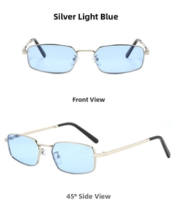 Front and side views of small rectangular metal sunglasses with light blue lenses