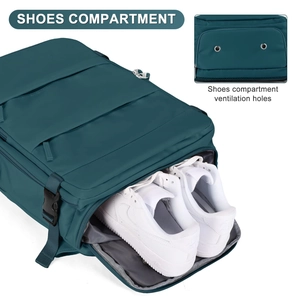 Detail view of the travel backpack featuring a separate shoe compartment and air vents