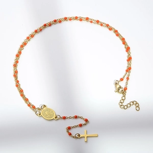 Bohemian gold titanium steel double chain with orange resin beads and crucifix pendant