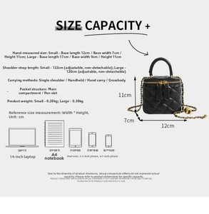 Detailed size chart for quilted chain bag showing dimensions and adjustable strap length
