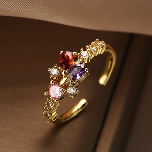 Gold plated geometric open ring with colorful zircon gemstones in red and purple