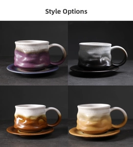 Detail of four retro ceramic coffee cup sets with textured glazes and matching saucers