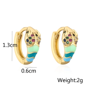 Detailed view of 18K gold plated snake earrings with green enamel and size specs