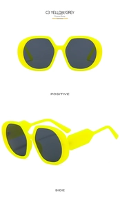Front and side views of large frame yellow sunglasses with grey lenses, model C3