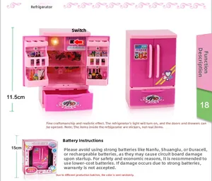Pink toy refrigerator for kids featuring opening doors and internal light effects