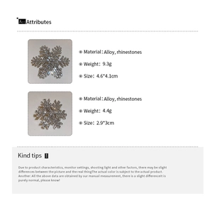 Size specifications of two rhinestone snowflake hair clips in silver alloy finish
