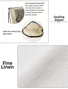 Detail of linen makeup bag showing anti-slip alloy zipper and spacious interior storage