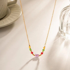 Stainless Steel Beaded Necklace With Purple Geometric Stone Colorful Crystal Beads Ins Style For Women