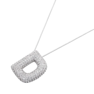 Detail of silver letter D pendant with micro-pave cubic zirconia on a box chain