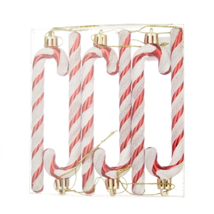 Set of six red and white striped Christmas candy cane ornaments with glitter finish in a box