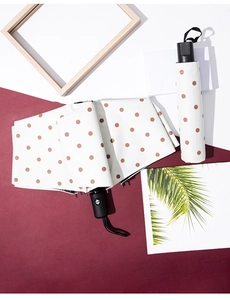 Detailed view of a white polka dot folding umbrella with its matching protective sleeve