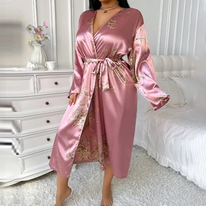 Elegant floral satin bathrobe for women with long sleeves and adjustable waist belt
