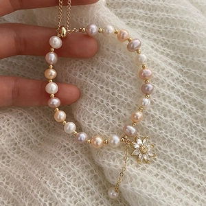 French luxury floral pearl bracelet with colorful freshwater pearls and zircon flower charm