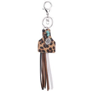 Western leopard print keychain with turquoise beads, sunflower, and suede fringe