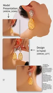 Close-up of dual-tone teardrop earrings with geometric hollow pattern on models