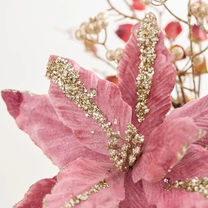 Stella di Natale in velluto rosa con paillettes e perle dorate per decorazione