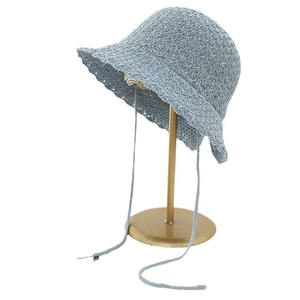 Knit bow bucket hat with ties in blue-grey, soft sun protection style for women