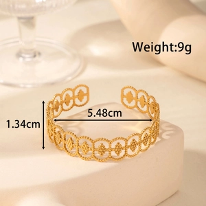 Retro hollow floral pattern gold wide cuff bracelet in stainless steel with dimension specs