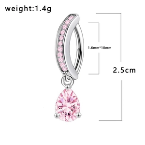 Detail view of steel navel ring with pink teardrop zircon and pavé crystal setting