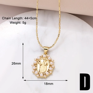 Detail of a gold Saint Jude pendant necklace with pearl border and size specifications
