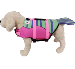 Detail of pink and green dog life jacket with fish scale texture and cute tail decoration