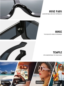 Detail view of integrated nose pads and metal hinges on futuristic oversized sunglasses