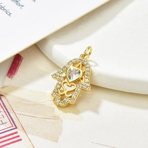 Detail of Hamsa Hand pendant with a large heart zircon and pavé crystal edges