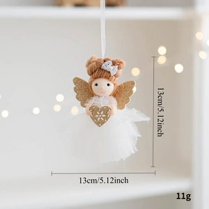Detail view of a white mesh skirt angel doll hanging ornament for Christmas tree decor