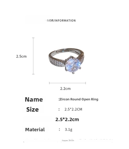 Detail view of the zircon snowflake rotating open ring showing adjustable size 2.5x2.2cm