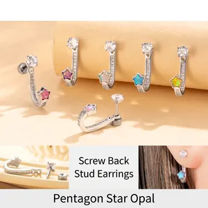 Star Opal Zircon Cartilage Earring Stud Titanium Steel Copper J-Shape Screw-Back Body Piercing Jewelry For Women