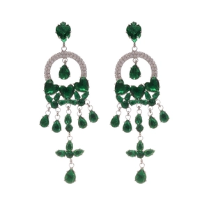 Silver needle emerald green tassel earrings with heart and teardrop crystal pendants