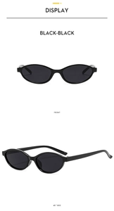 Front and 45-degree side views of retro oval sunglasses with black frames and lenses