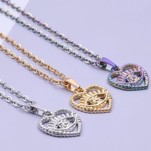 Three stainless steel necklaces with 18k gold and rainbow heart evil eye pendants